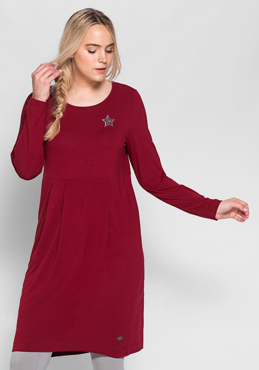 Sheego Casual jerseyjurk met geplooide rok rood